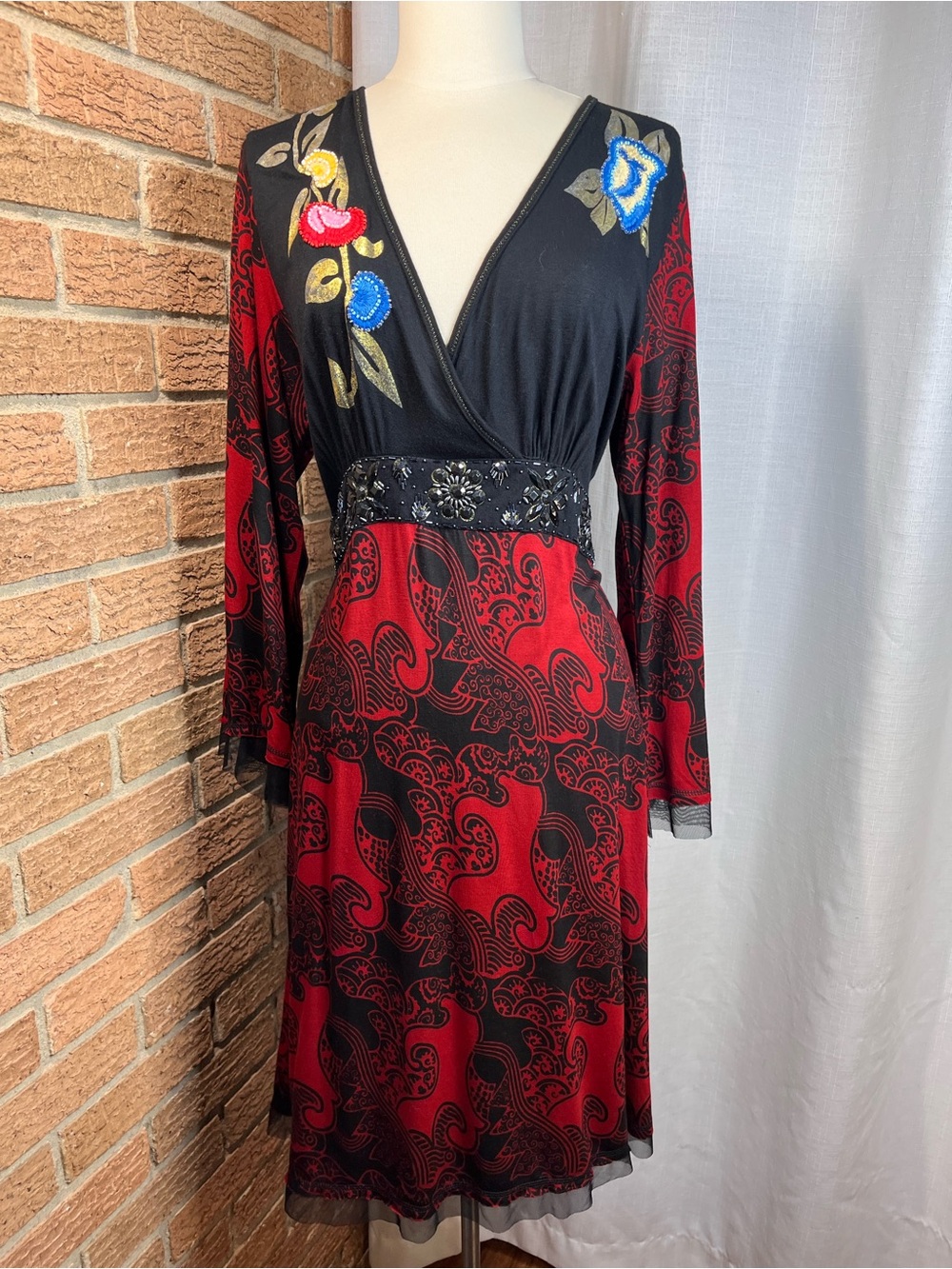 Krista Lee XL Red Black Paisley Embroidered Beaded Floral Deep V Midi Dress